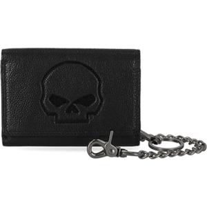 Black leather wallet with an embossed skull motif and a metal chain attached to a clasp for keys or a bag tag.