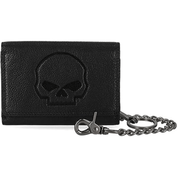 Black leather wallet with an embossed skull motif and a metal chain attached to a clasp for keys or a bag tag.