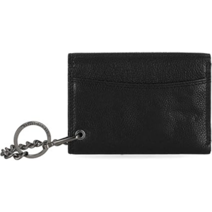 Black leather wallet with a metal key ring and chain attached, shown from the side against a white background