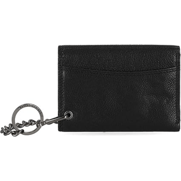 Black leather wallet with a metal key ring and chain attached, shown from the side against a white background