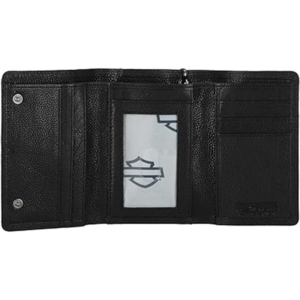 Open black textured wallet with multiple card slots and a transparent ID window in the center
