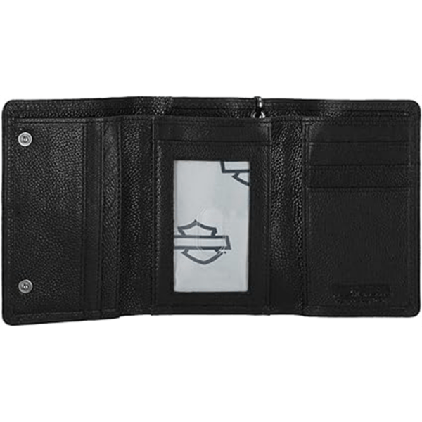 Open black textured wallet with multiple card slots and a transparent ID window in the center