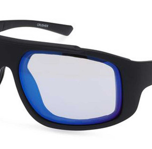 Black wraparound sport sunglasses with blue mirrored lenses, angled on white background