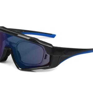 Sport wraparound sunglasses with a black frame, blue temples, and dark blue mirrored lenses from a side angle.