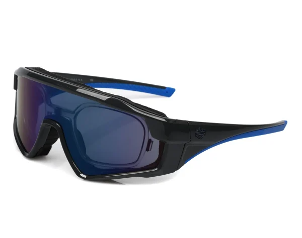 Sport wraparound sunglasses with a black frame, blue temples, and dark blue mirrored lenses from a side angle.